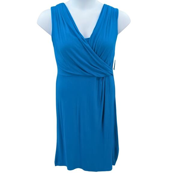 Tahari Hava Dress Large Blue Resort Coastal Faux Wrap Beach Vacation Stretchy - Picture 1 of 11